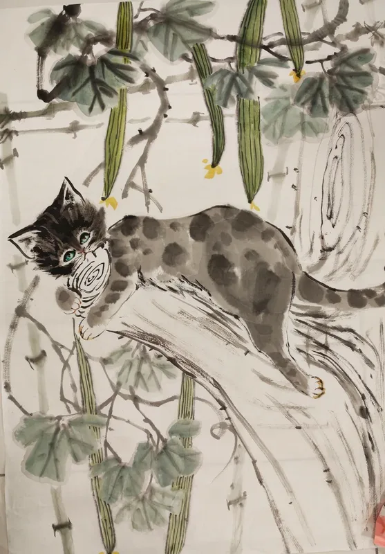Ink painting: a cat on a branch under hanging gourds