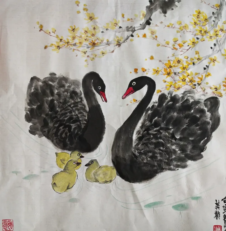 Ink painting: two black swans with their yellow cygnets under a branch of yellow blossom