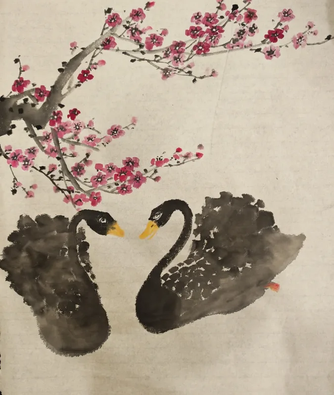 Ink painting: two black swans under a branch of pink plum blossom
