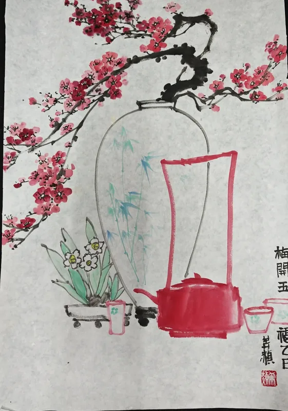 Ink painting: a red teapot and a vase of narcissus under plum blossom