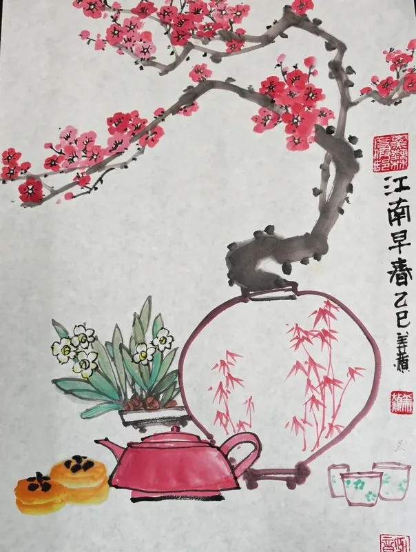 Ink painting: a round window of plum blossom, a teapot and cups