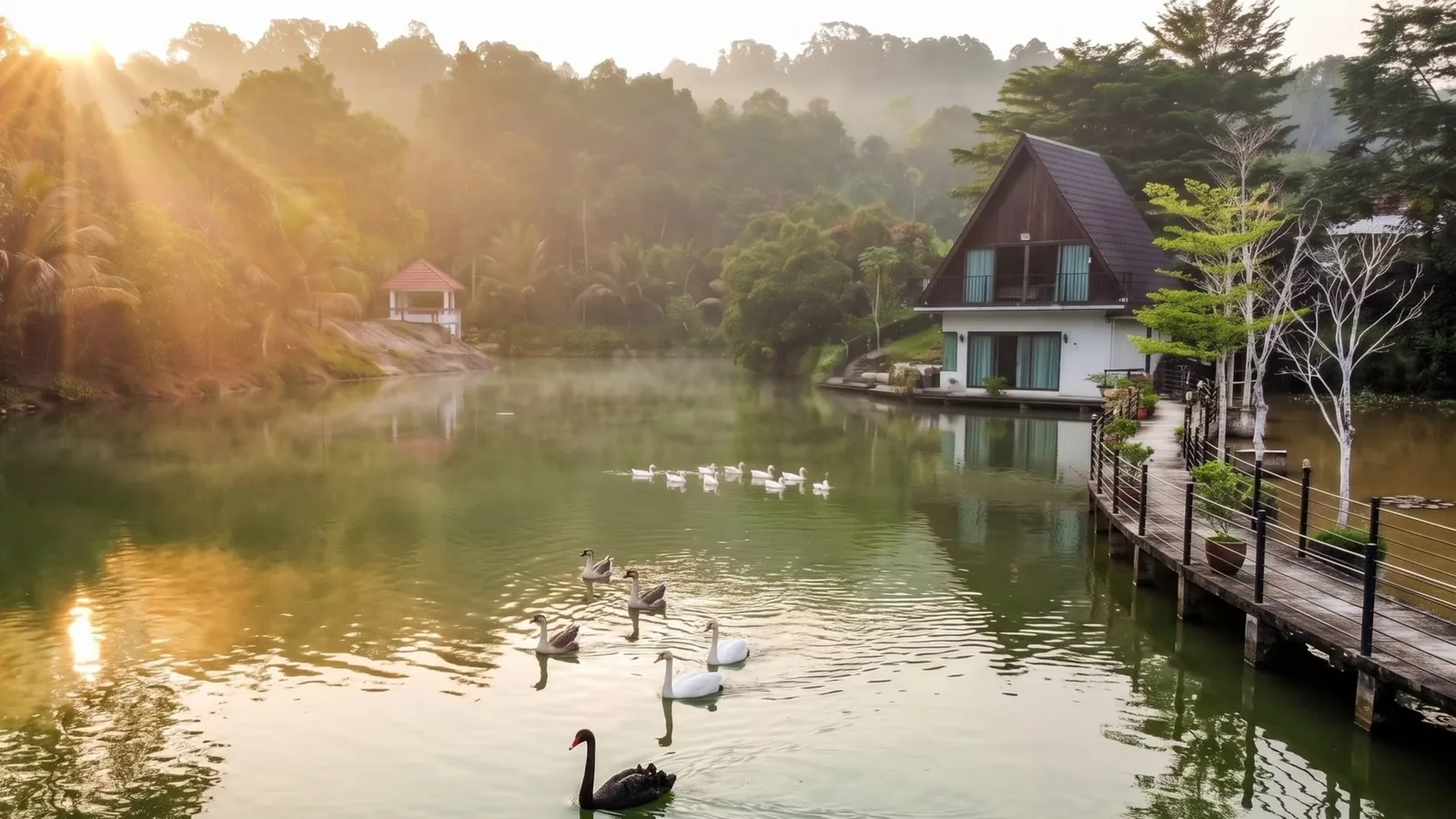 First light through the forest mist over the lake: the A-frame chalet and its walkway, a black swan, white swans, geese and a line of white ducks swimming