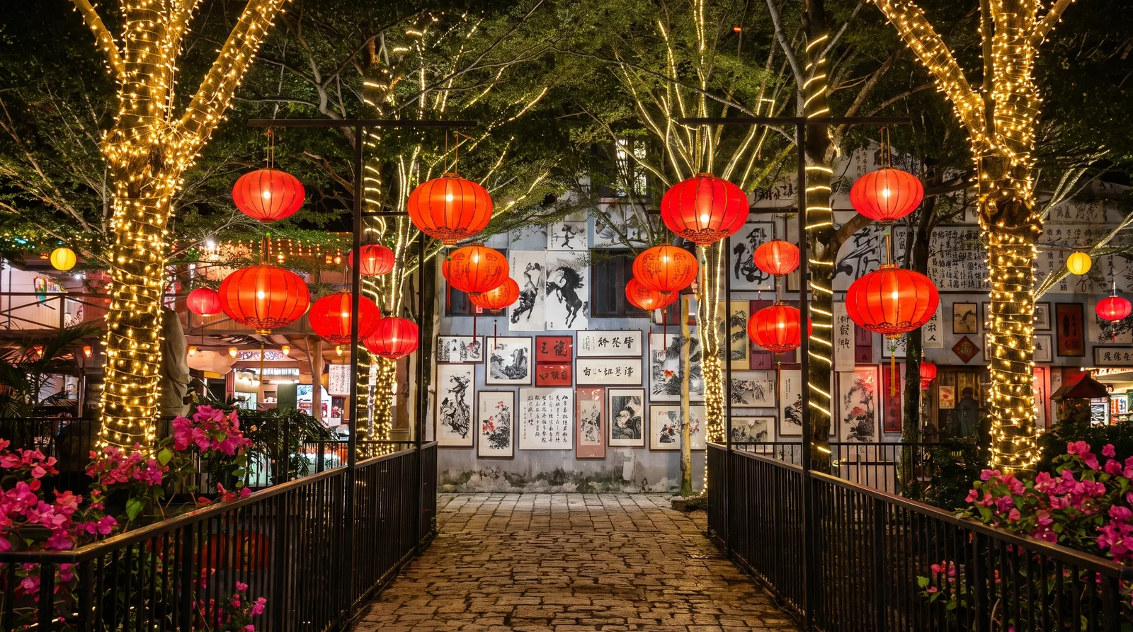 Red paper lanterns over the stone walk at night, the long wall of framed paintings between the lit trees