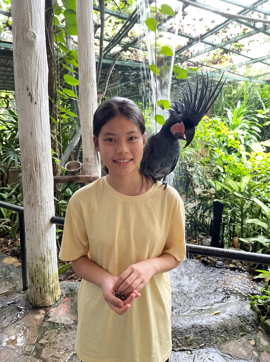 A girl in the bird park with a palm cockatoo on her shoulder