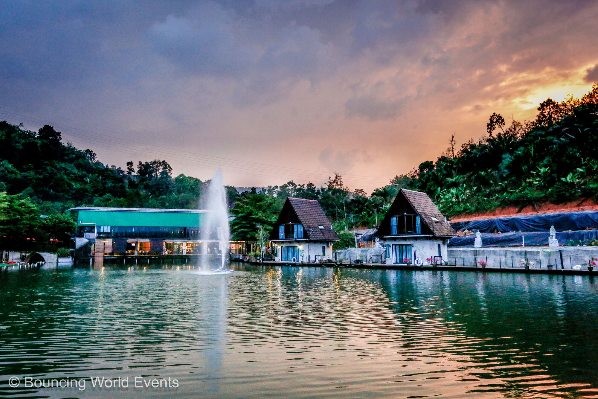 Emerald Lake sunset with chalets and fountain