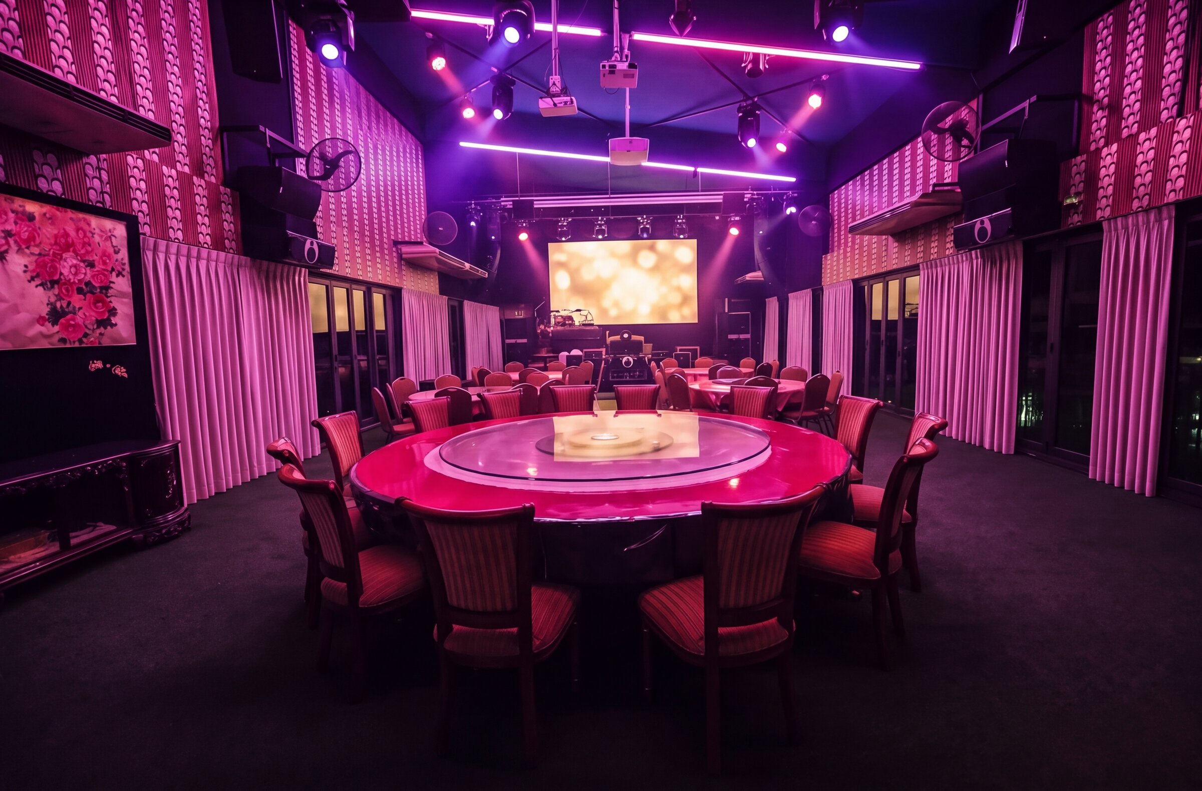 The exact same Emerald Hall view in party mode — purple and magenta lighting